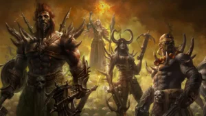 AI-generated Diablo Immortal promotional art depicting gothic demons and flames, central to the Diablo Immortal AI art controversy over replacing human artists.